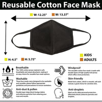 Reusable 3 Ply Cotton Face Mask, Soft Breathable & Washable Fabric, Black - Adult