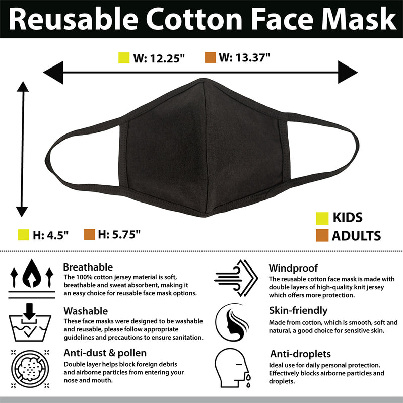 Reusable 3 Ply Cotton Face Mask, Soft Breathable & Washable Fabric, Black - Adult