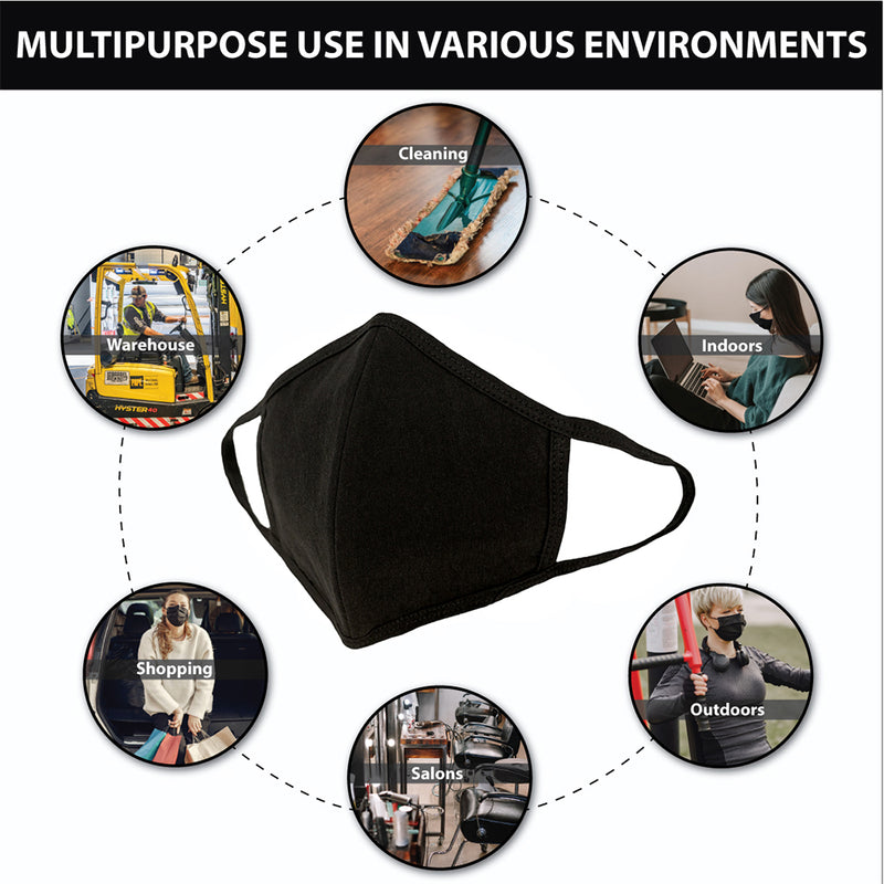 Reusable 3 Ply Cotton Face Mask, Soft Breathable & Washable Fabric, Black - Adult