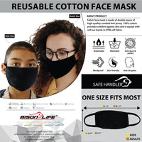 Reusable 3 Ply Cotton Face Mask, Soft Breathable & Washable Fabric, Black - Adult