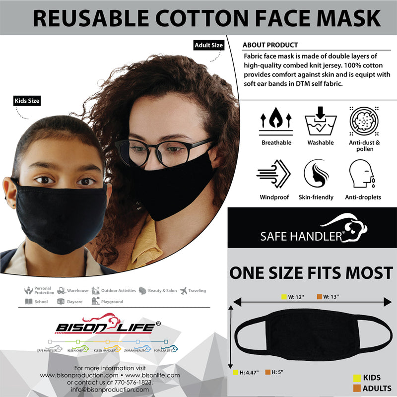 Reusable 3 Ply Cotton Face Mask, Soft Breathable & Washable Fabric, Black - Adult