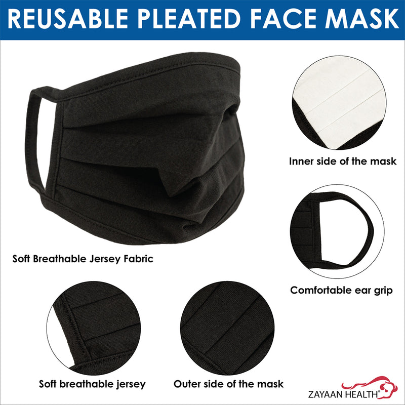 Breathable Pleated Face Mask with 3-Layer Cotton, Washable Black Mask for Outdoor & Daily Use
