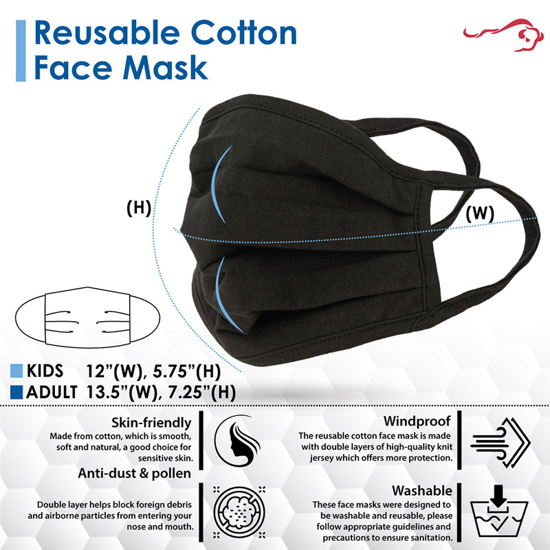 Breathable Pleated Face Mask with 3-Layer Cotton, Washable Black Mask for Outdoor & Daily Use