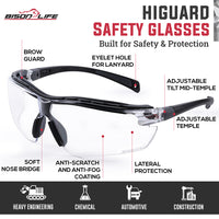 Bison Life Higuard Clear Lens Black Temple Anti-Fog Wraparound Safety Glasses, ANSI Z87.1