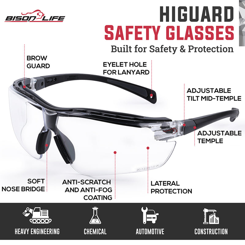 Bison Life Higuard Clear Lens Black Temple Anti-Fog Wraparound Safety Glasses, ANSI Z87.1
