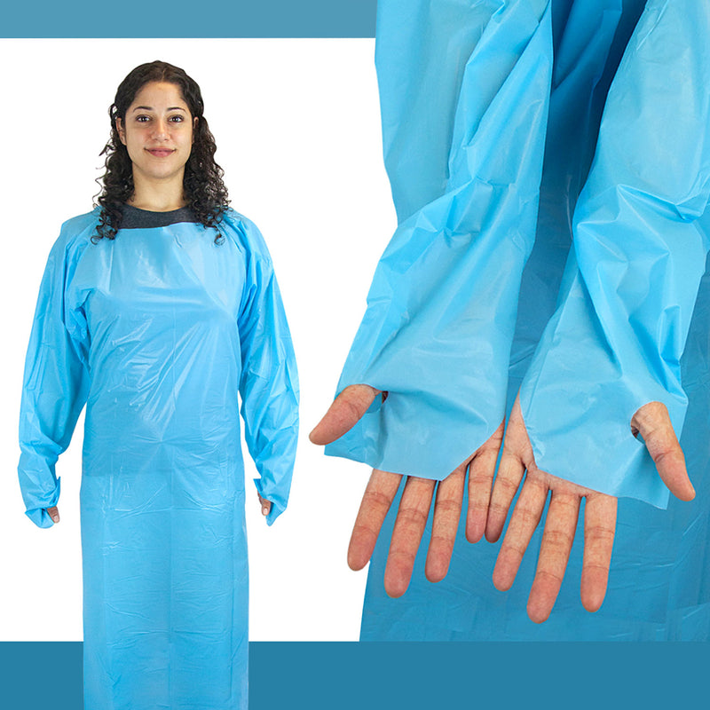 Bison Life CPE Disposable Plastic Apron with Sleeves & Thumb Loops – Industrial Use