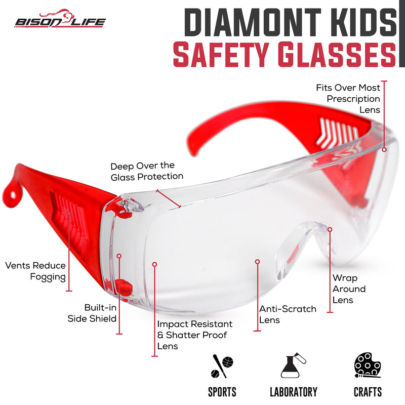 BISON LIFE Diamont Kid Safety Glasses, Vented Over Glasses Youth Protective Eyewear, Red, Green & Blue Temples