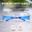 Bison Life Vison Safe HylineX Safety Glasses with Soft Rubber Temples, Anti-Scratch Anti-Fog Clear Lens Blue Temple Goggles - Pack of 1