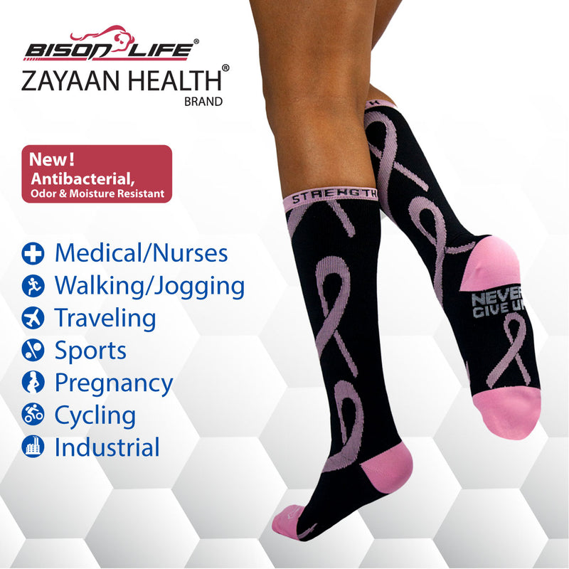 Bison Life Ribbon Compression Socks for Men & Women, Black/Pink Knee High Graduated Support