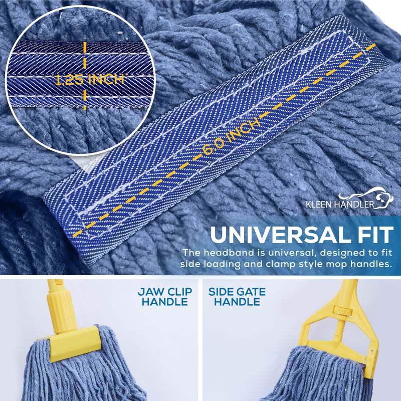 16 Oz Cut End Blended Mop Head Replacement with 1.25-inch Universal Headband, Wet Mop Refills, Blue