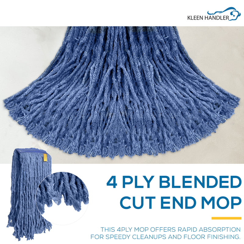 16 Oz Cut End Blended Mop Head Replacement with 1.25-inch Universal Headband, Wet Mop Refills, Blue