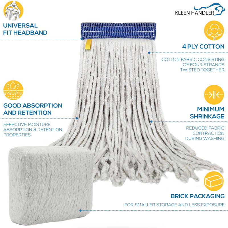 16 Oz Cut End Cotton Mop Head Replacement with 1.25-inch Universal Headband, Wet Mop Refills, Natural