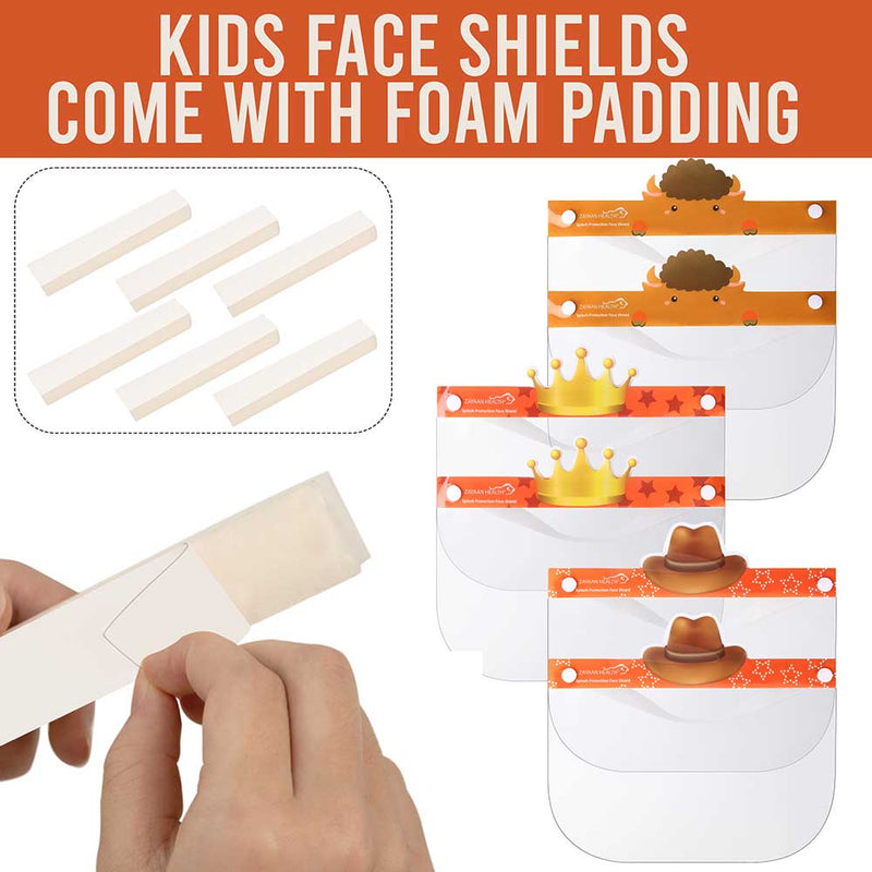Children's face shields with foam padding and cartoon designs on a white background.