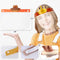 Child wearing a crown with measurements and close-up details on a white background