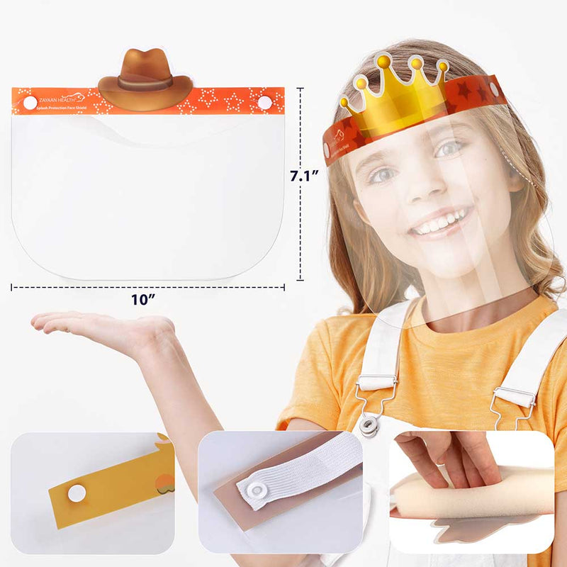 Child wearing a crown with measurements and close-up details on a white background