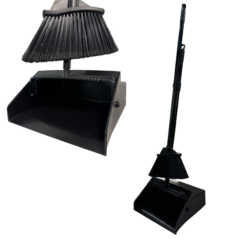 Dustpan and Broom Combo with 38" Long Handle for Home, Lobby, Kitchen, Office, Indoor/Outdoor Sweeping & Commercial Use, Black (1 Set)