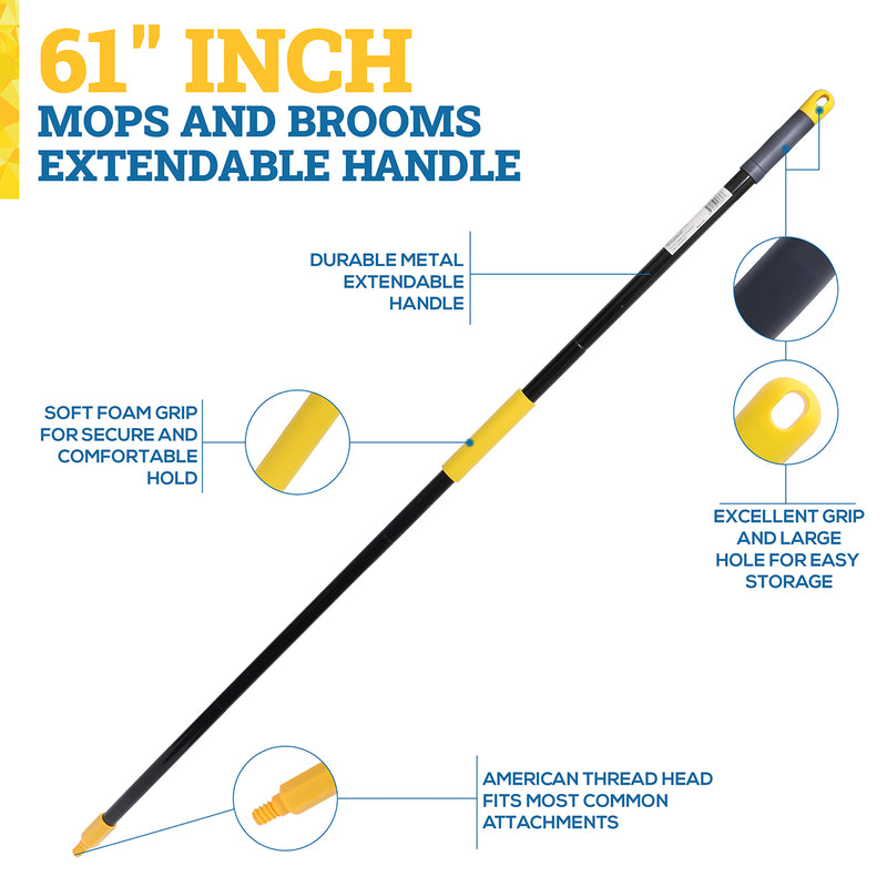 Bison Life 61" Metal Extendable Mop/Broom Handle, 4-Section Threaded Pole, Black/Yellow