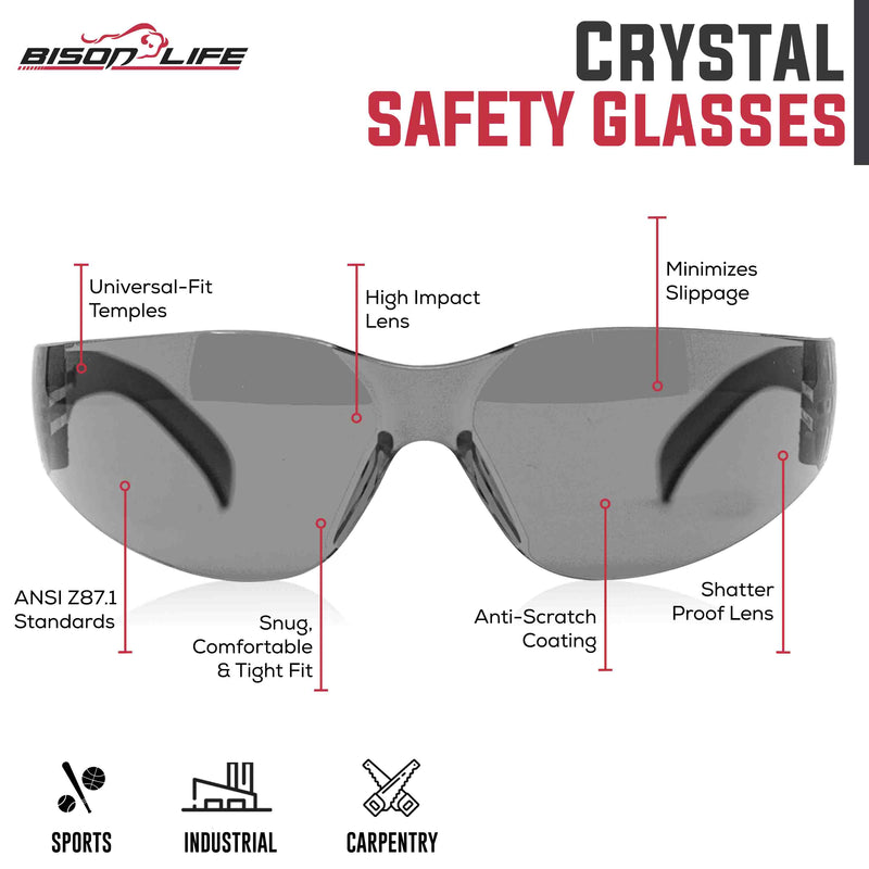 Crystal Color Lens Black Temple Safety Glasses, Impact Resistant Lens