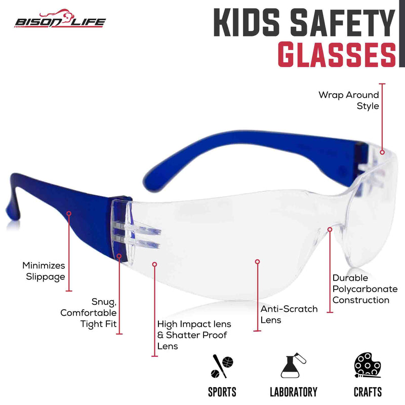 Kids Protective Safety Glasses | Z87.1 Impact Resistant Clear Lens, Color Temple, Child Size Color Variety (Pack of 24)