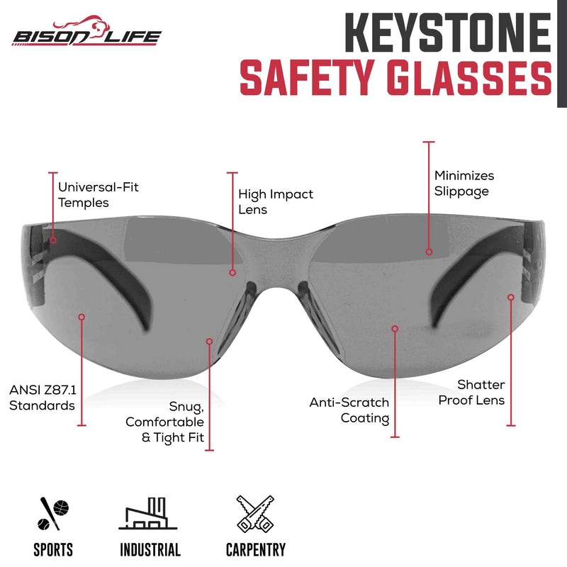 Keystone Color Lens Black Temple Safety Glasses, High Impact Lens