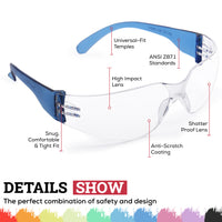 Bison Life Kristal Clear Lens Assorted Color Temple Wraparound Kids Safety Glasses, ANSI Z87.1
