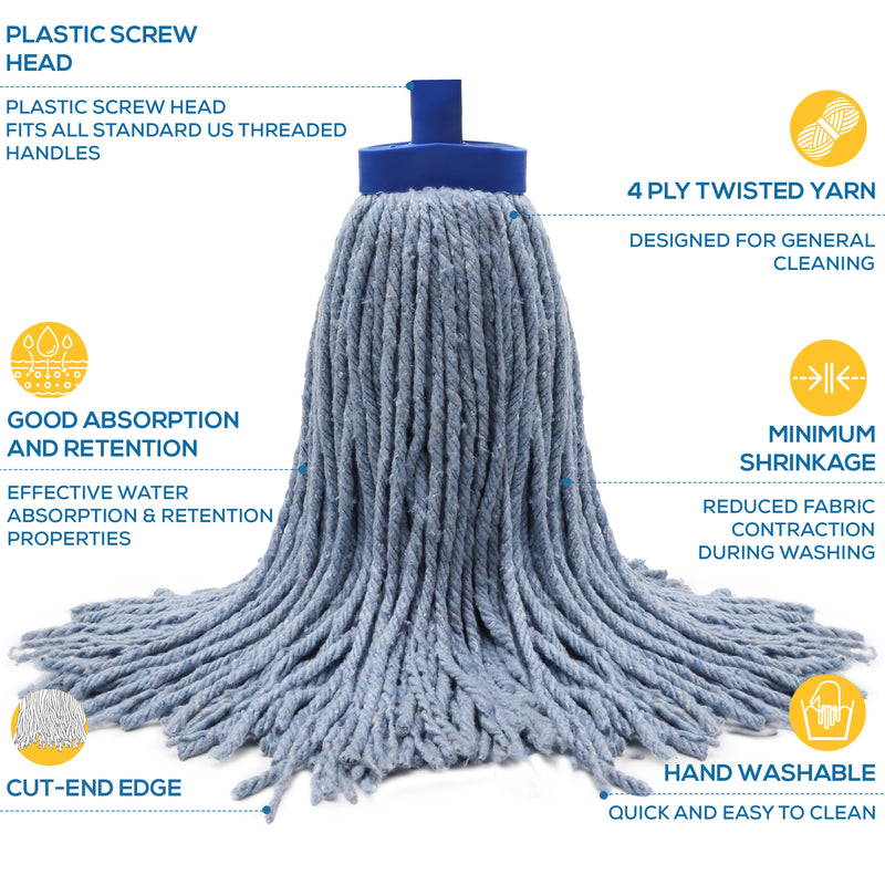 Bison Life Cotton Wet Mop Head Refills + 61" Metal Extendable Handle Combo Set