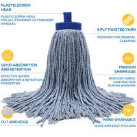 Bison Life Screw-On Wet Mop Replacement Heads, Cotton Blend, Plastic Threaded Socket