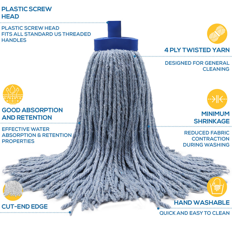 Bison Life Screw-On Wet Mop Replacement Heads, Cotton Blend, Plastic Threaded Socket