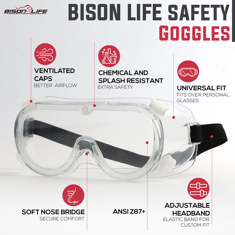 Bison Life 3-Pack Clear Anti-Fog Safety Goggles, ANSI Z87.1, Adjustable Strap, Over Glasses Protection