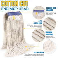 Bison Life Cut End Blended Mop Head Replacement with 1.25-inch Universal Headband, White, 16 Oz