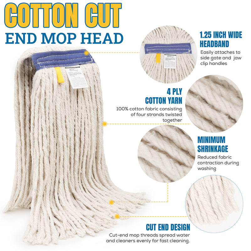 Bison Life Cut End Blended Mop Head Replacement with 1.25-inch Universal Headband, White, 16 Oz