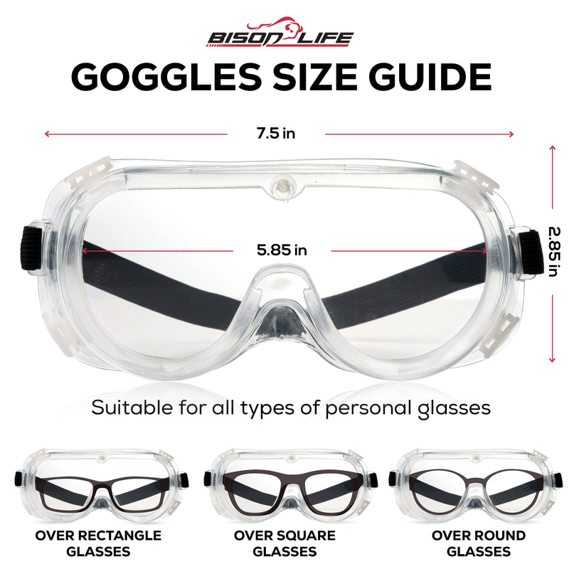 Bison Life 3-Pack Clear Anti-Fog Safety Goggles, ANSI Z87.1, Adjustable Strap, Over Glasses Protection