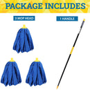 Kleen Handler Microfiber Mop Cloth Heads Replacements with 61" Extendable Handle, 3 Pc Screw On Mop Refill for Commercial & Household Cleaning, Compatible with All Standard US Threading Pole Handle