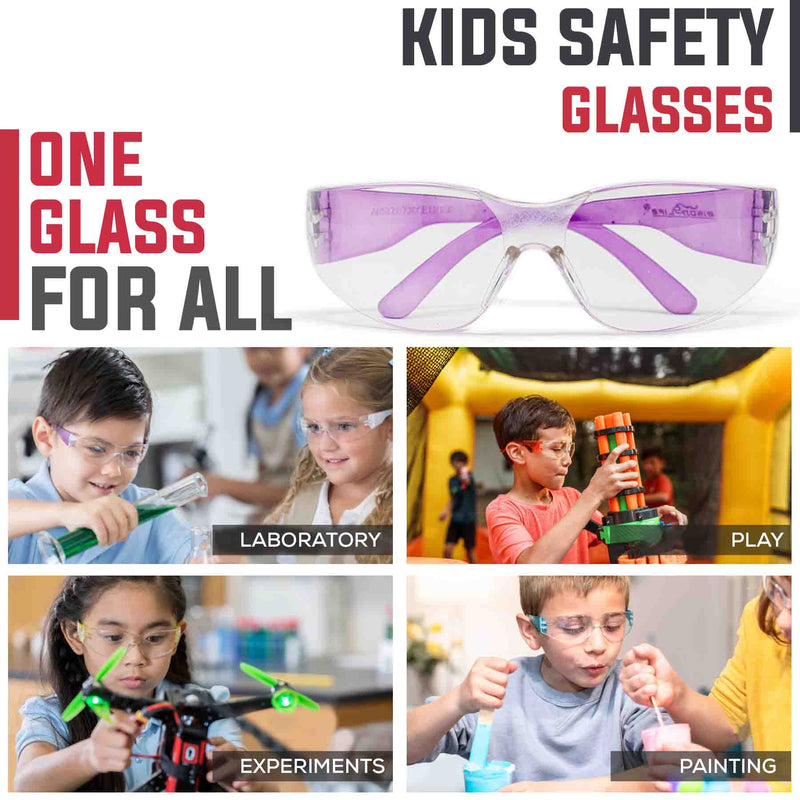 Kids Protective Safety Glasses | Z87.1 Impact Resistant Clear Lens, Color Temple, Child Size Color Variety (Pack of 24)