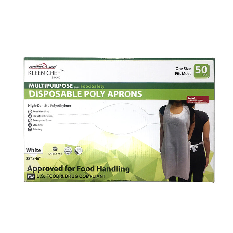 Bison Life Disposable Lightweight Poly Aprons – 28x46 White Waterproof