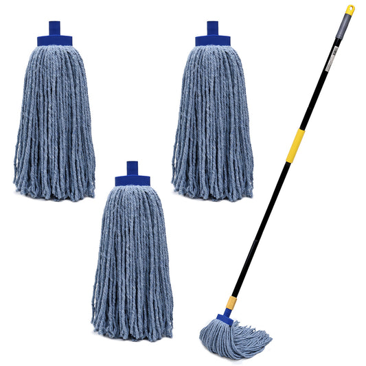 Bison Life Cotton Wet Mop Head Refills + 61" Metal Extendable Handle Combo Set