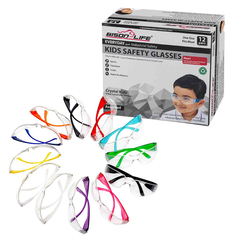 Kids Protective Safety Glasses | Z87.1 Impact Resistant Clear Lens, Color Temple, Child Size Color Variety (Pack of 24)