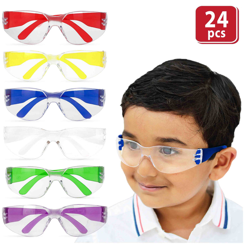 Kids Protective Safety Glasses | Z87.1 Impact Resistant Clear Lens, Color Temple, Child Size Color Variety (Pack of 24)