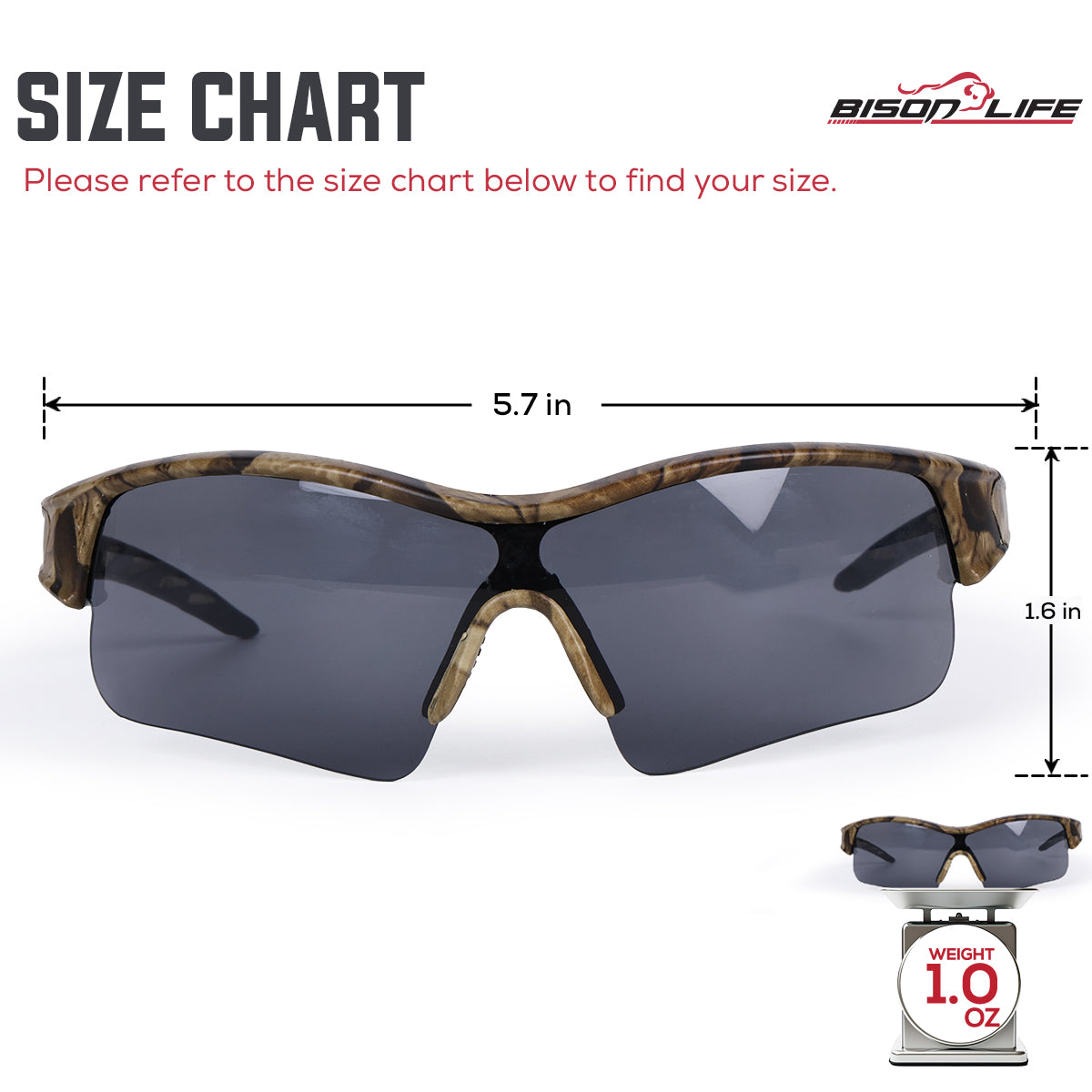 Bison Life CamoJax Outdoor Safety Glasses with Wind-Resistant Eye Protection, ANSI Z87.1 — size guide 1