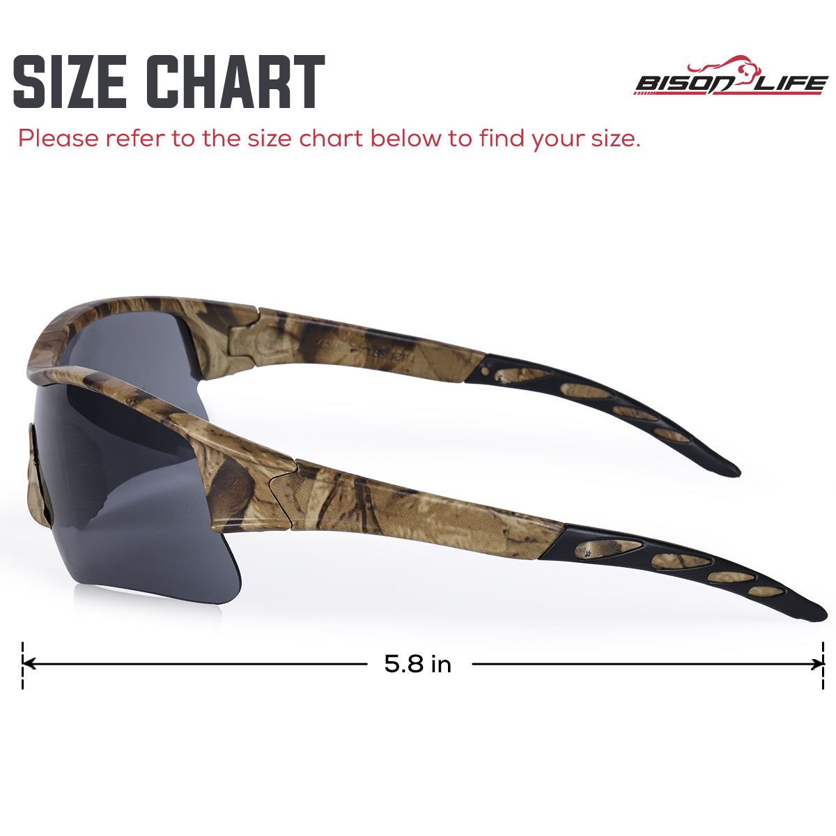 Bison Life CamoJax Outdoor Safety Glasses with Wind-Resistant Eye Protection, ANSI Z87.1 — size guide 2