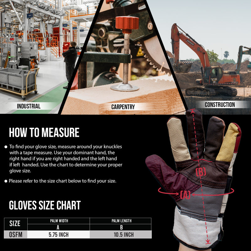Handyman Furniture Leather Gloves w/ 3" Canvas Safety Cuff, Work Gloves Men