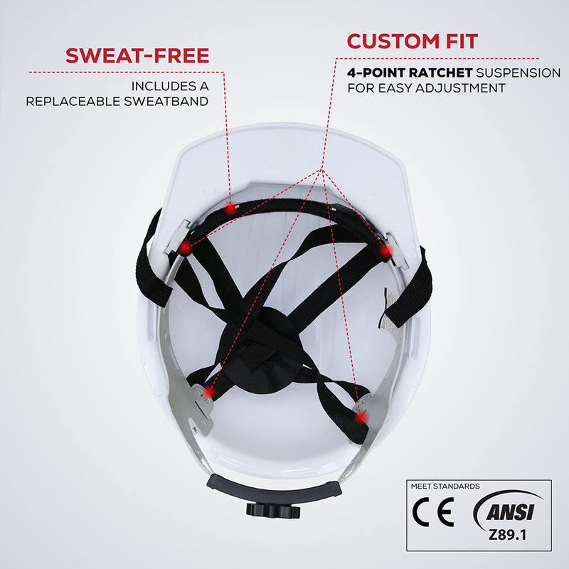 Bison Life Impact Pro Safety Hard Hat, 4-Point Ratchet Suspension, White, ANSI Z89.1, 1 Pack