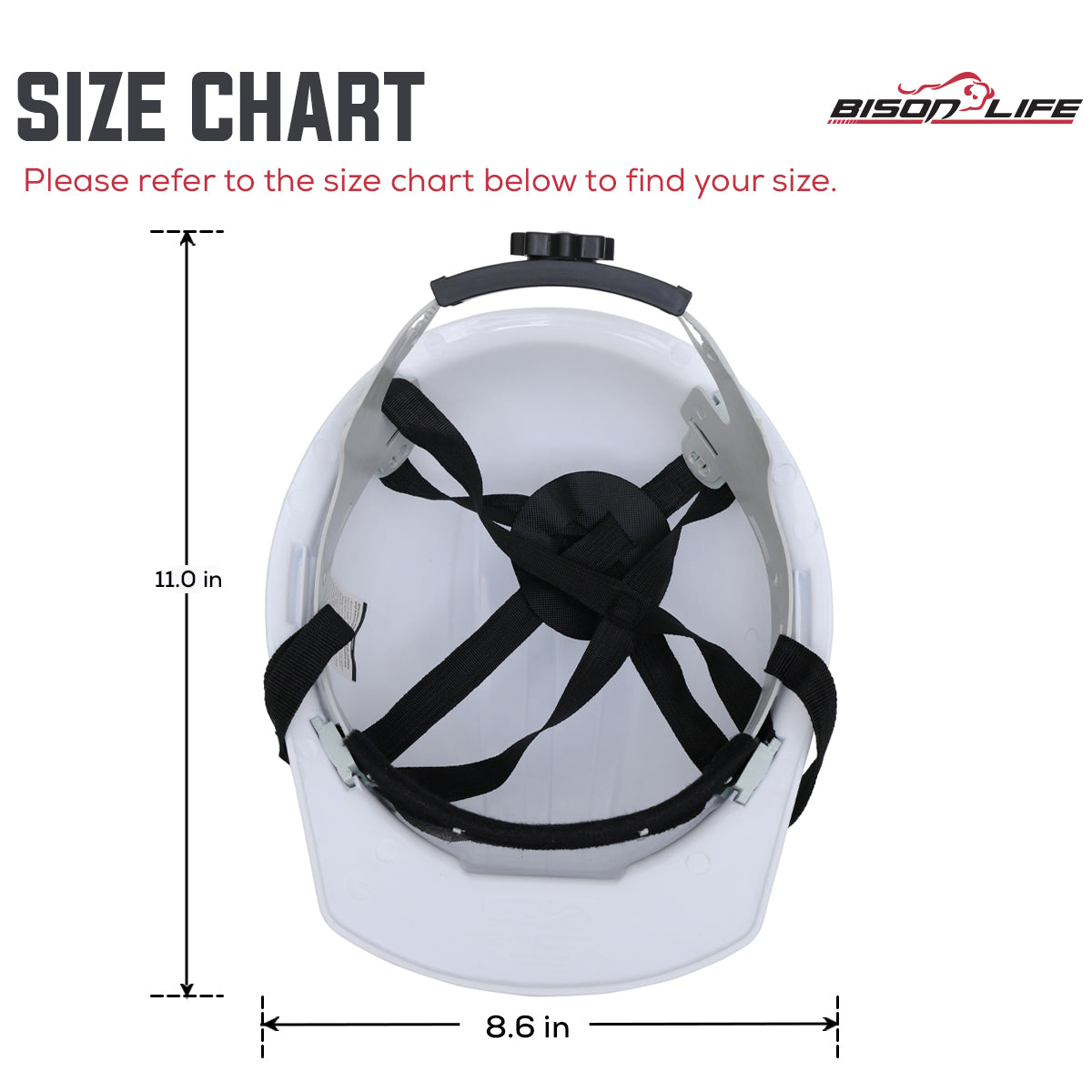Bison Life Impact Pro Safety Hard Hat, 4-Point Ratchet Suspension, White, ANSI Z89.1, 1 Pack — size guide 2