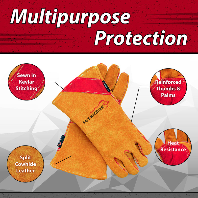 Bison Life 14" Kevlar Welding Gloves - Reinforced Thumb & Palm, Cowhide Leather Work Gloves