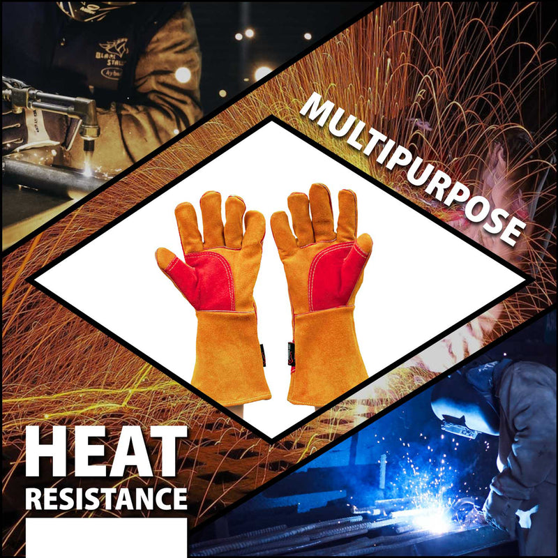 Bison Life 14" Kevlar Welding Gloves - Reinforced Thumb & Palm, Cowhide Leather Work Gloves
