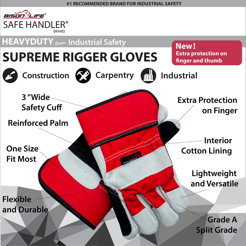Bison Life Supreme Rigger Gloves, Wide 3" Safety Cuff, Grade A Split Leather, Industrial