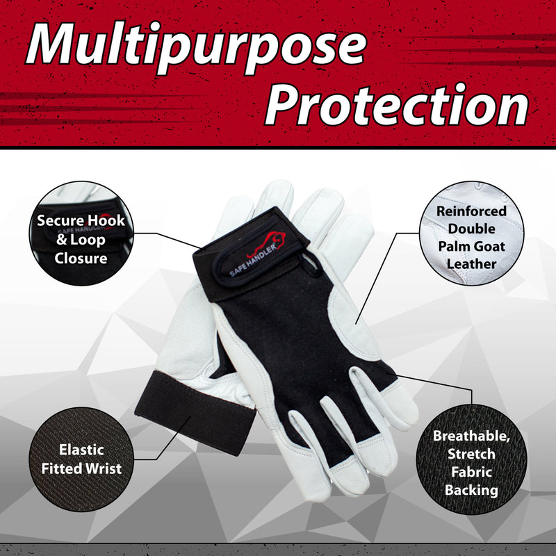 Bison Life Keystone Reinforced Leather Work Gloves, Black/White, Hook & Loop Closure