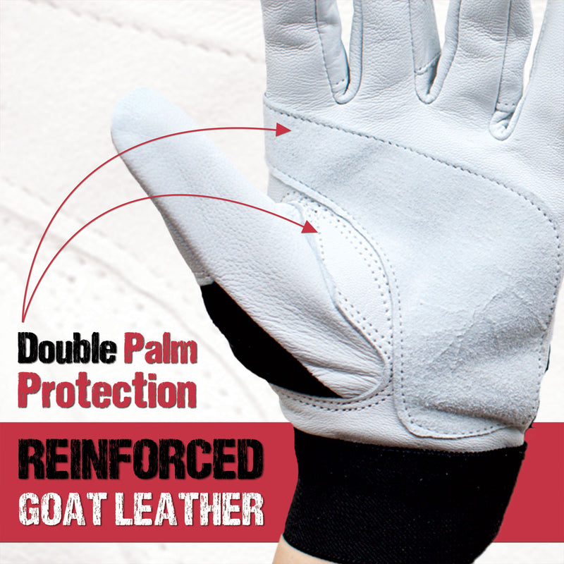 Bison Life Keystone Reinforced Leather Work Gloves, Black/White, Hook & Loop Closure