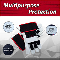 Bison Life Grip Buffalo Leather Work Gloves with Knuckle Protection - Wide Cuff, OSFM