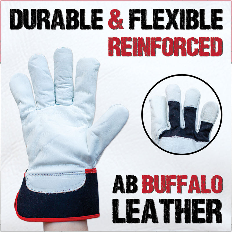 Bison Life Grip Buffalo Leather Work Gloves with Knuckle Protection - Wide Cuff, OSFM